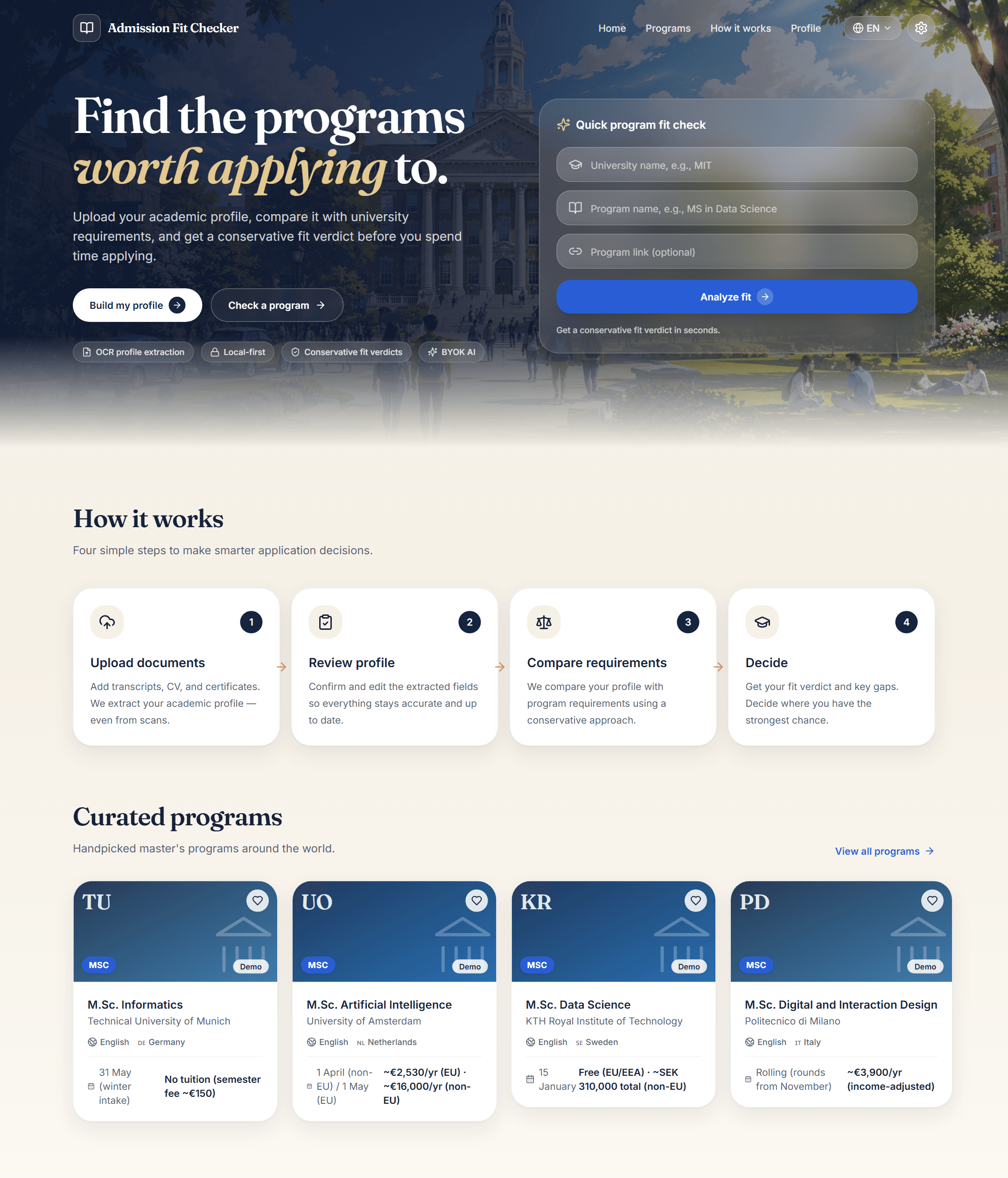 Admission Fit Checker Dashboard mit extrahierten akademischen Profildaten