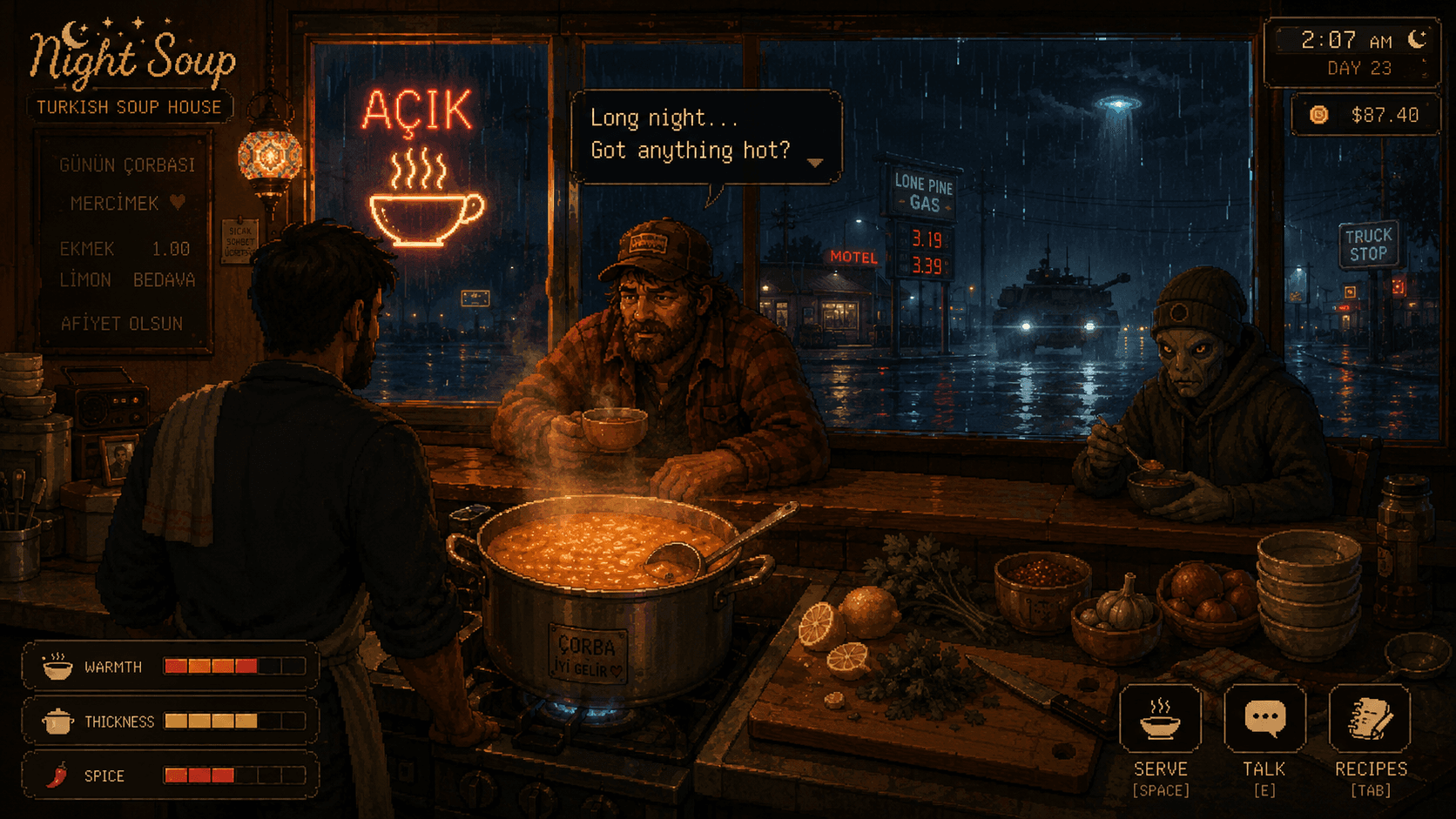 Night Soup concept scene inside a warm diner on a rainy Oregon night