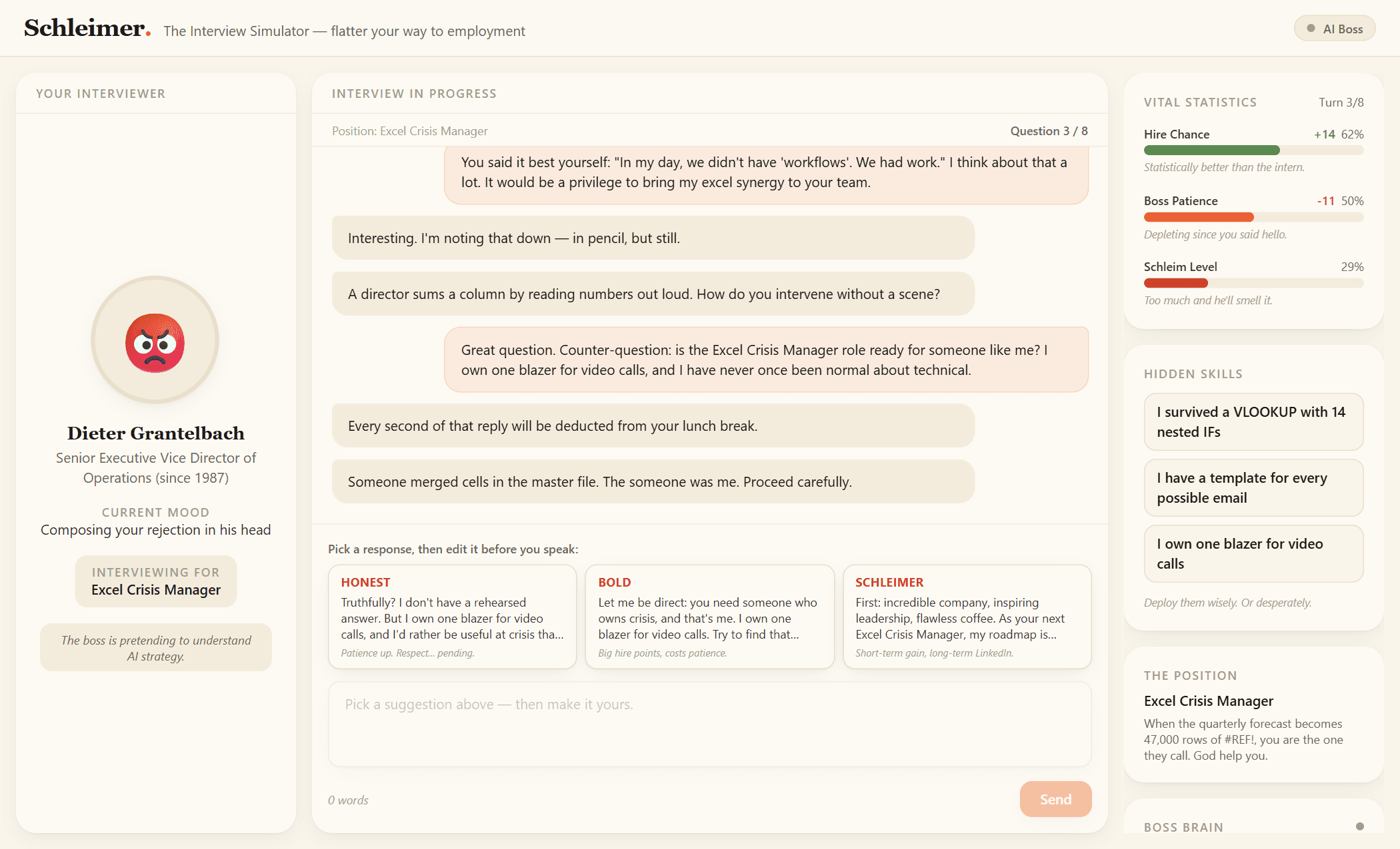 Schleimer interview screen with response choices and hiring status