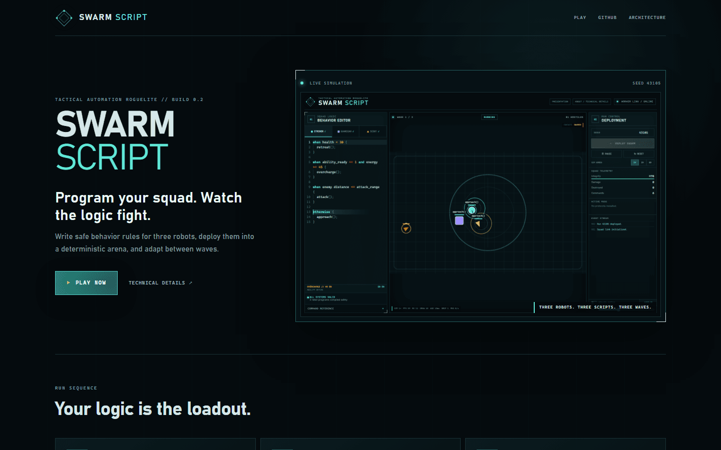 Swarm Script interface with behavior editor, tactical arena and deployment controls